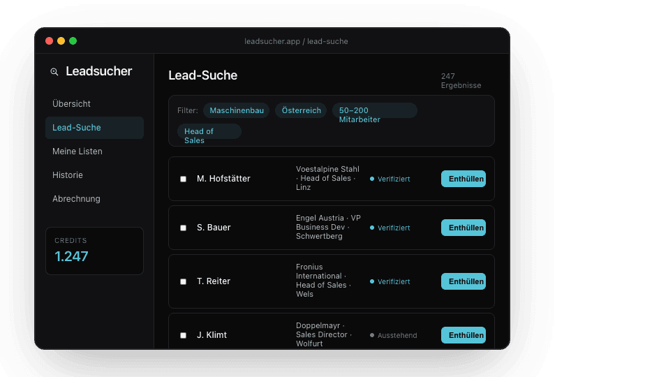 Leadsucher Dashboard - Lead-Suche mit Filtern und verifizierten E-Mail-Adressen